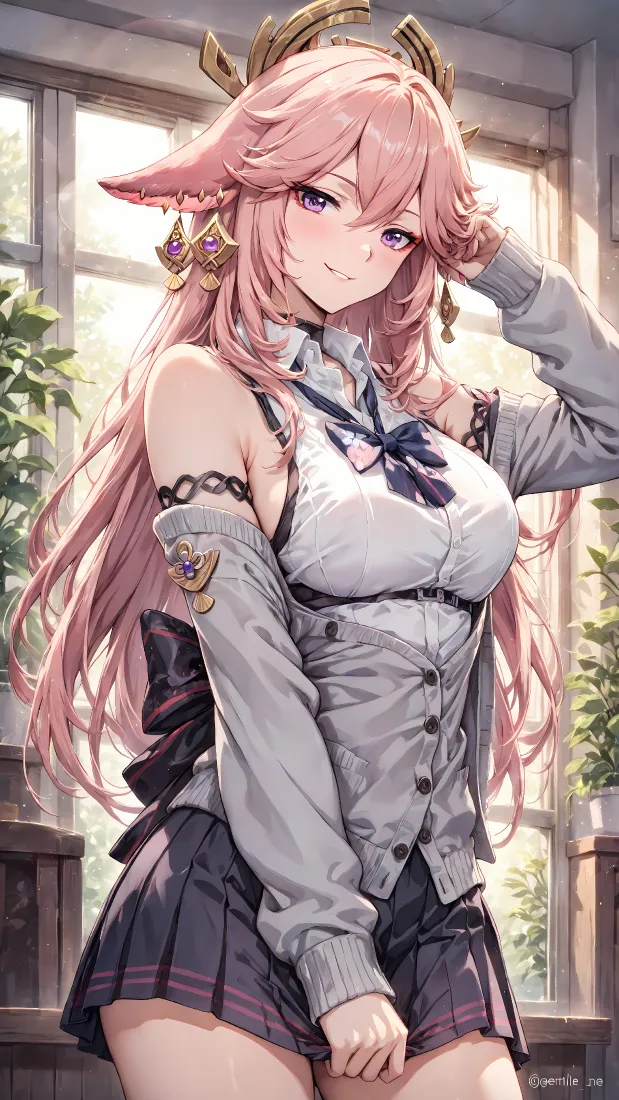 八重神子手机壁纸｜背景图片 - 原神粉发狐耳JK制服少女「哲风壁纸」