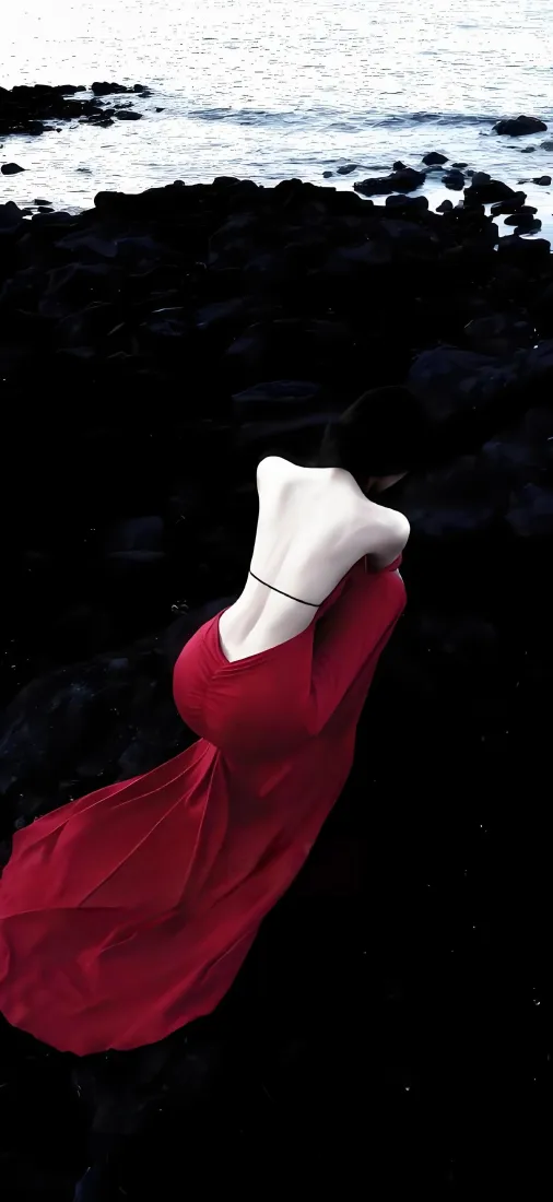 红衣美女手机壁纸｜海边礁石背景图片 - 露背长裙氛围感写真「哲风壁纸」