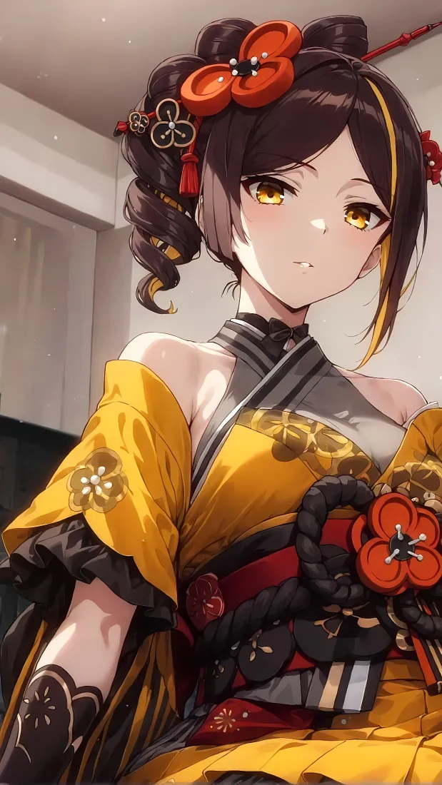 原神千织手机壁纸｜黄衣和服背景图片 - 红发饰少女「哲风壁纸」