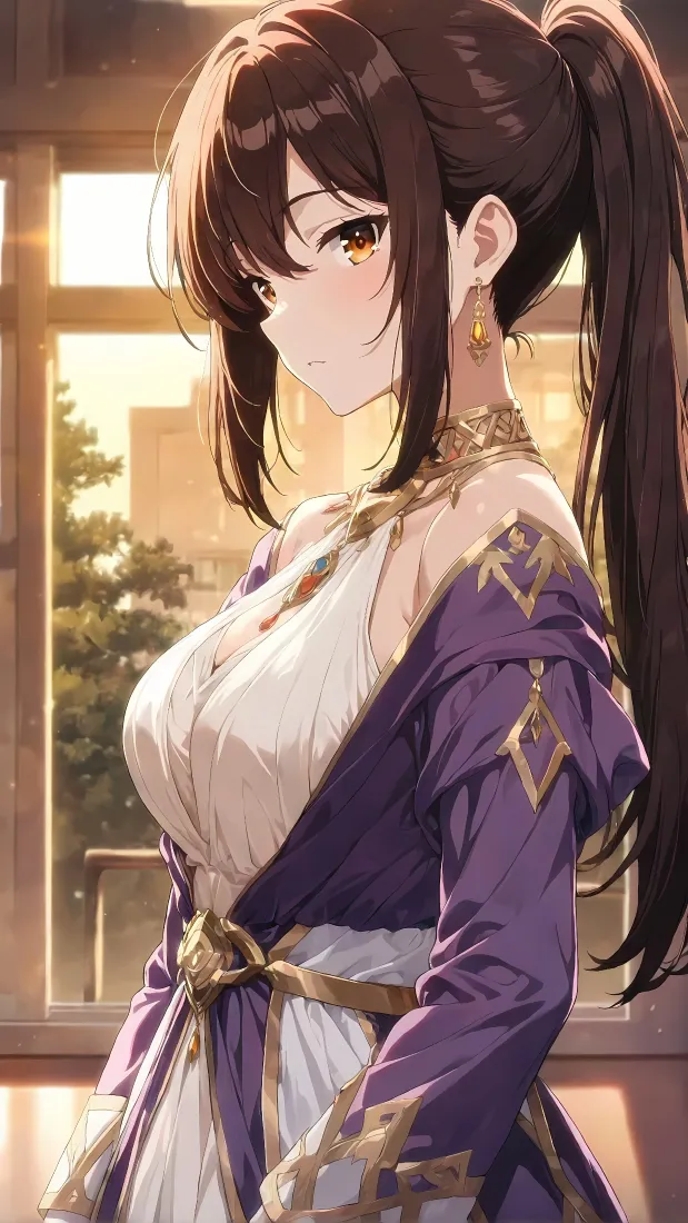 原神｜紫裙高马尾少女背景图片 - 窗边夕阳二次元插画「哲风壁纸」