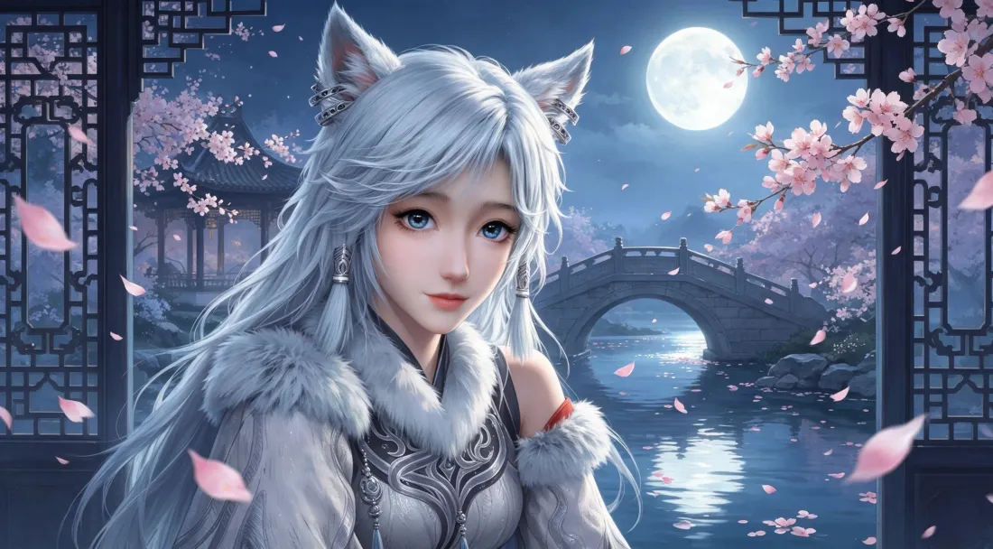 3k银月壁纸｜凡人修仙传背景图片 - 银发狐耳月夜樱花古风少女「哲风壁纸」