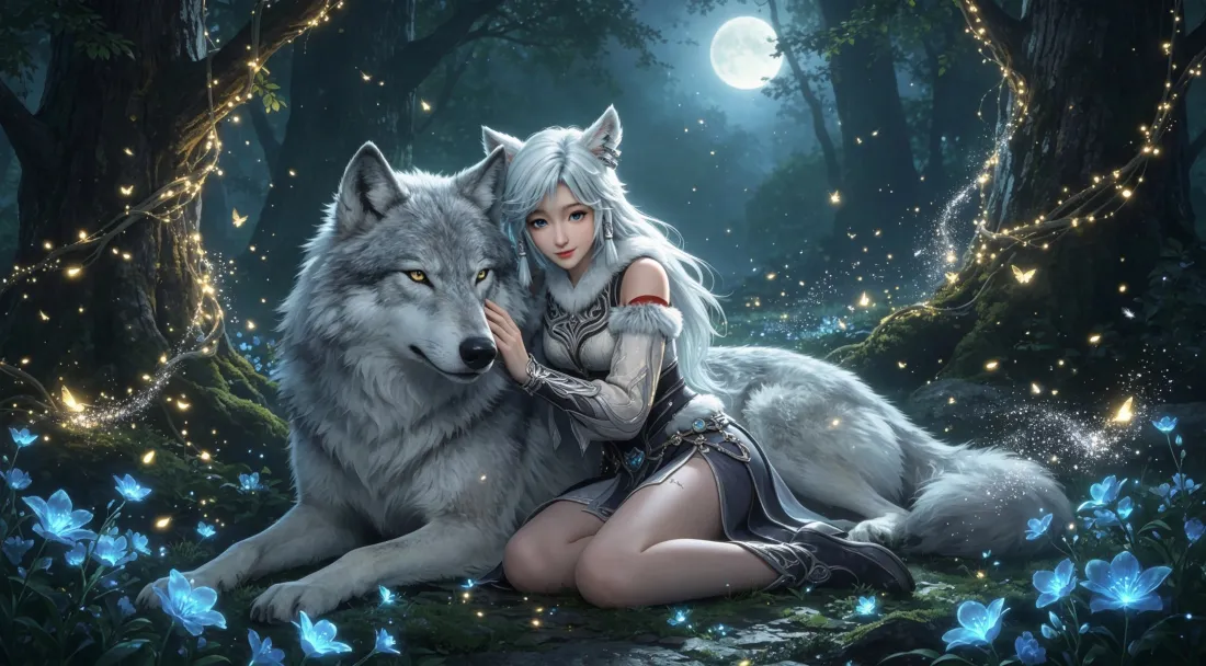 3k银月壁纸｜凡人修仙传背景图片 - 月夜森林银狼少女「哲风壁纸」
