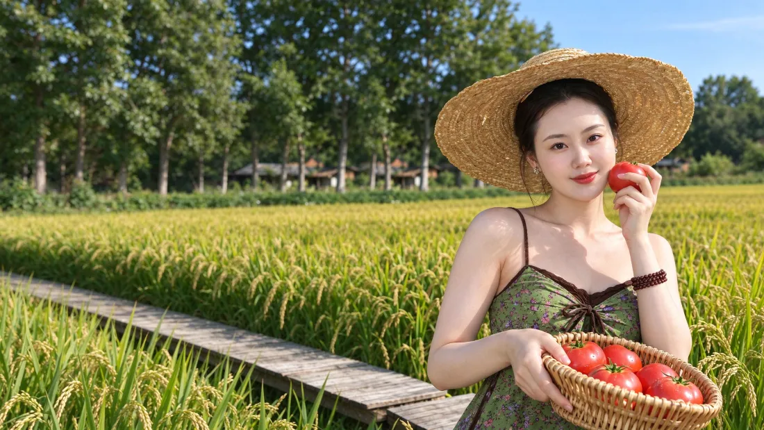 3k田园少女碎花吊带｜稻田背景图片 - 草帽番茄清新写真「哲风壁纸」