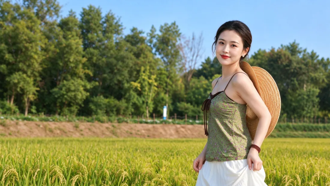 3k吊带美女壁纸｜夏日稻田背景图片 - 清新户外草帽人像「哲风壁纸」