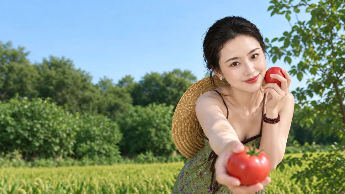 3k田园少女壁纸｜背景图片 - 碎花吊带手持番茄户外清新写真「哲风壁纸」