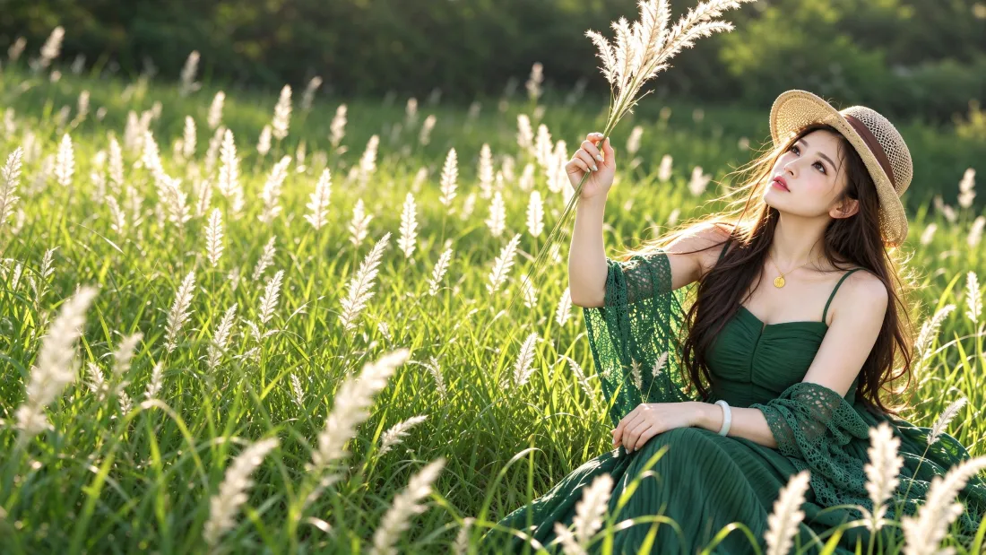 3k芦苇草丛美女壁纸｜户外逆光背景图片 - 绿裙草帽清新人像「哲风壁纸」