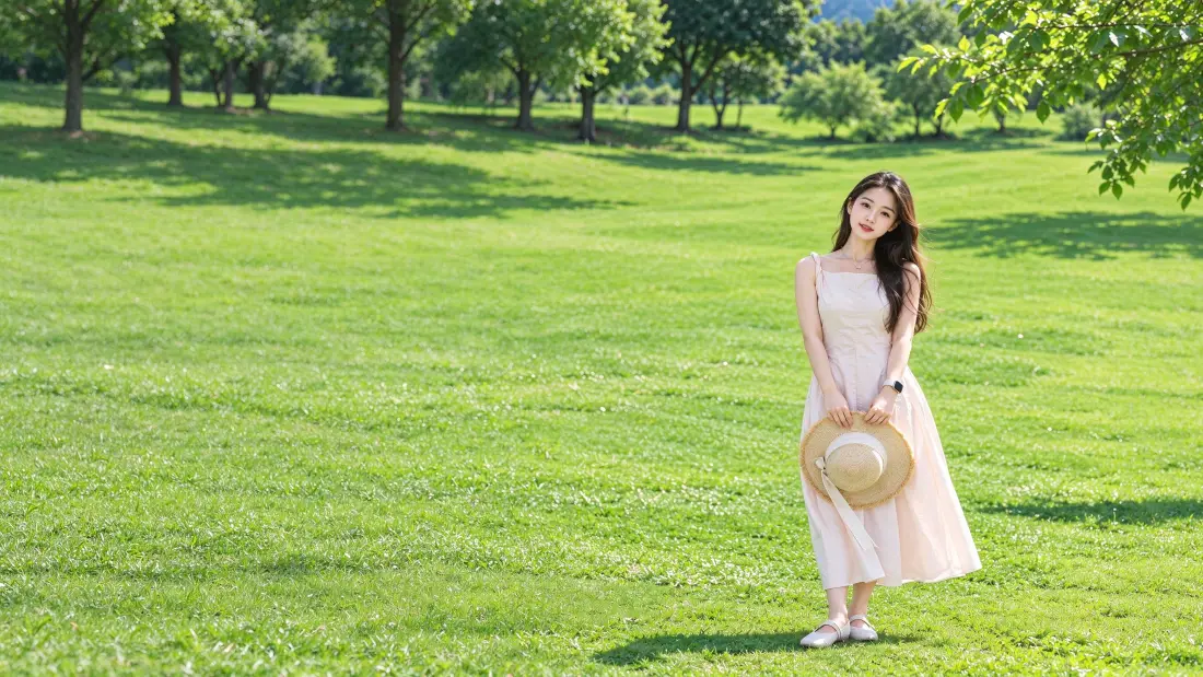 3k吊带长裙美女壁纸｜青草地树林背景图片 - 清新夏日户外人像「哲风壁纸」