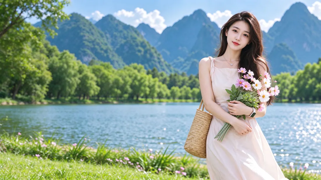 3k湖畔长裙美女壁纸｜夏日湖光背景图片 - 手持花束清新写真「哲风壁纸」