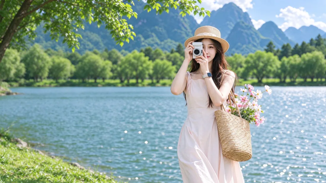 3k湖畔粉裙少女壁纸｜夏日湖光背景图片 - 清新度假风「哲风壁纸」