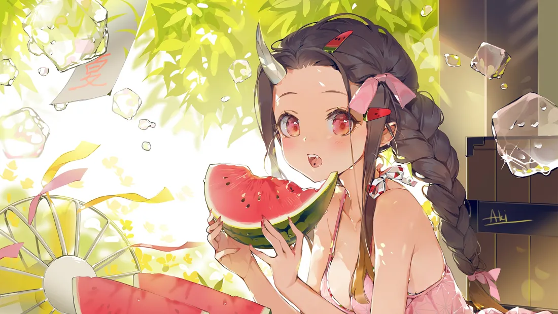 3k祢豆子壁纸｜夏日吃西瓜背景图片 - 清凉二次元少女「哲风壁纸」