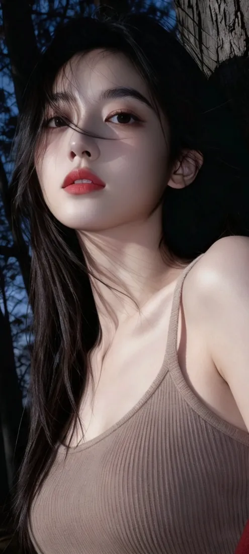 纯欲吊带美女手机壁纸｜暗调氛围感背景图片 - 红唇长发「哲风壁纸」