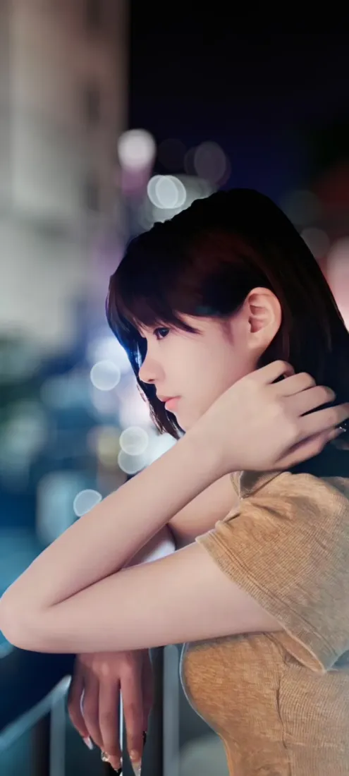 夜景侧颜美女手机壁纸｜城市散景背景图片 - 短发少女「哲风壁纸」
