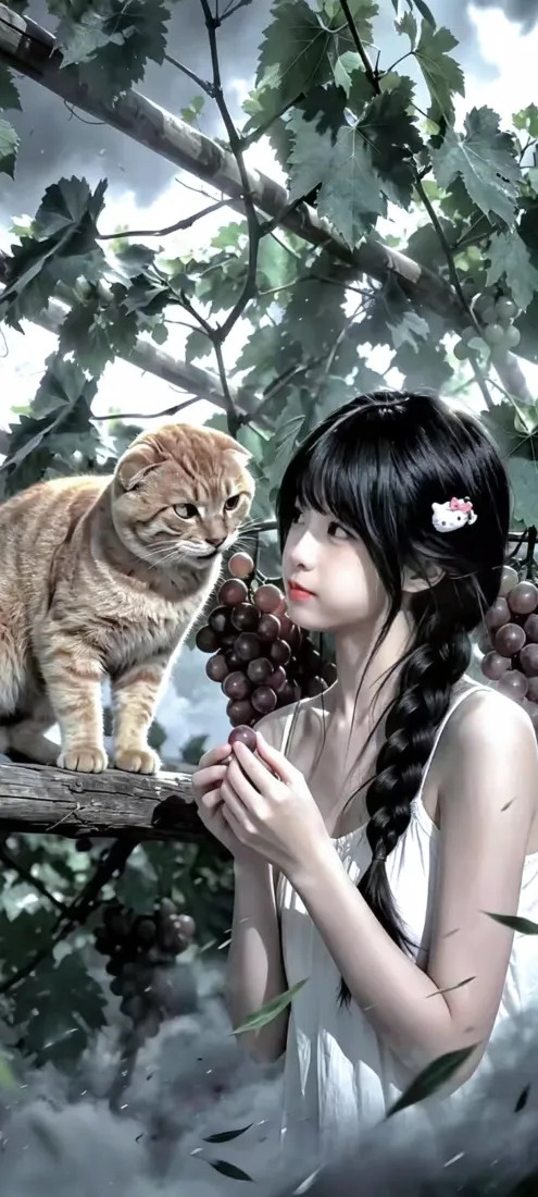 女孩和猫手机壁纸｜背景图片 - 葡萄藤下白裙少女与橘猫「哲风壁纸」