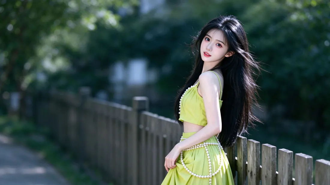 3k绿裙长发美女壁纸｜户外背景图片 - 回头杀侧脸杀「哲风壁纸」