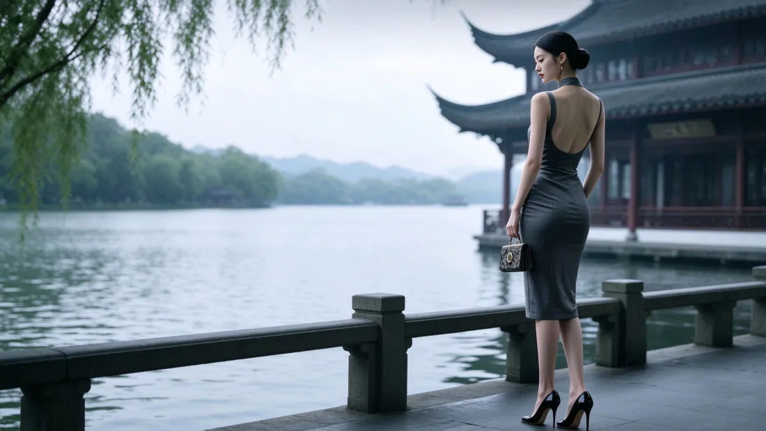 3k湖畔旗袍女子壁纸｜古风亭台背景图片 - 回头杀「哲风壁纸」