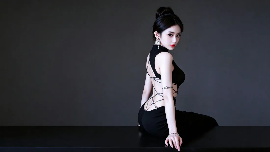 3k冷艳黑衣美女壁纸｜背景图片 - 回头杀露背坐姿人像「哲风壁纸」