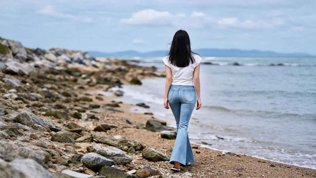 3k海边长发女生背影｜礁石海岸背景图片 - 白T恤喇叭裤漫步「哲风壁纸」