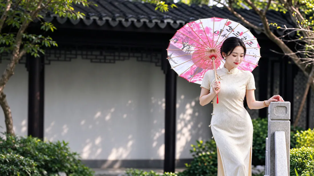 3k米白蕾丝旗袍美女壁纸｜中式园林背景图片 - 油纸伞温婉写真「哲风壁纸」