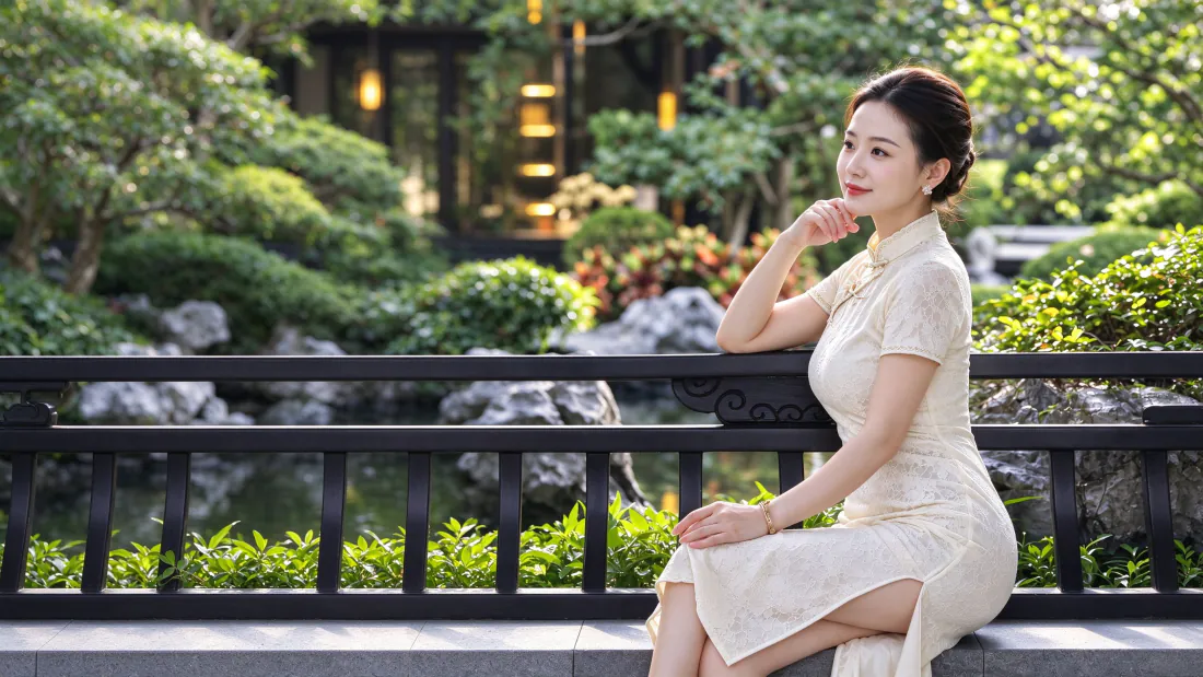 3k米白蕾丝旗袍美女壁纸｜中式园林背景图片 - 温婉旗袍写真「哲风壁纸」