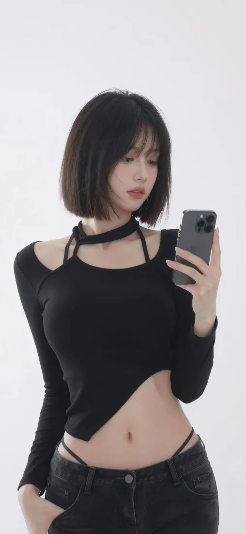 短发黑衣美女手机壁纸｜对镜自拍背景图片 - 酷飒辣妹风「哲风壁纸」