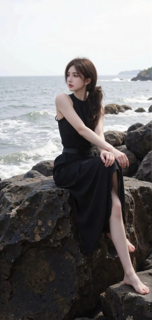 海边黑裙美女手机壁纸｜礁石海岸背景图片 - 清冷氛围感人像「哲风壁纸」