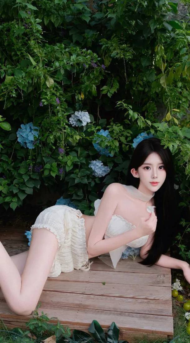 白衣美女手机壁纸｜花园绿植背景图片 - 长发纯欲写真「哲风壁纸」