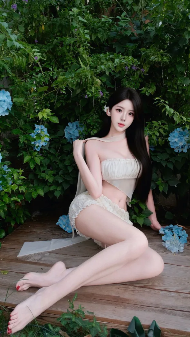 白衣美女手机壁纸｜森系蓝花背景图片 - 纯欲写真「哲风壁纸」