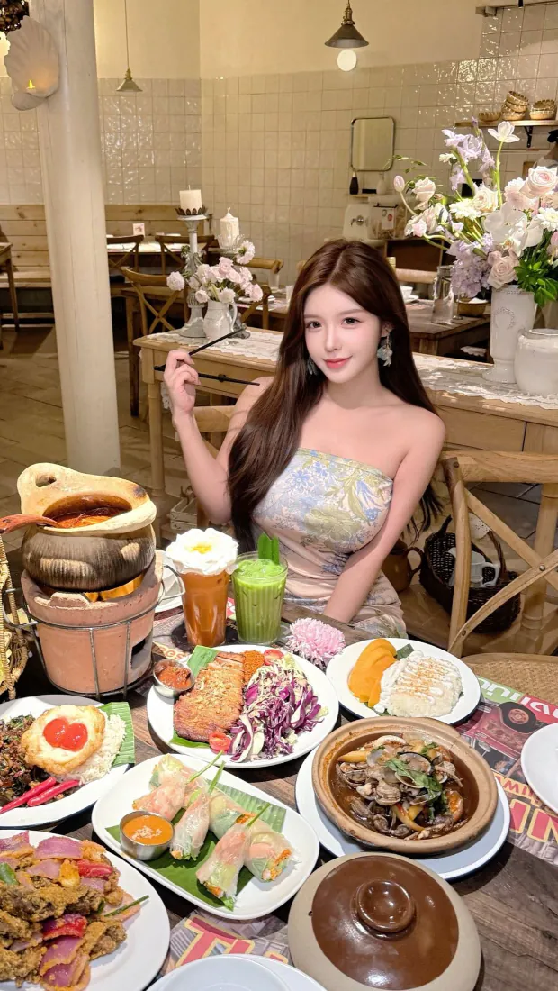 抹胸美女餐厅美食桌前｜暖调聚餐背景图片 - 长发气质女生写真「哲风壁纸」