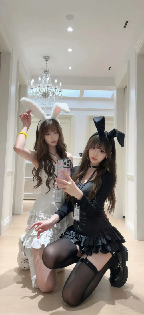 黑白兔耳美女手机壁纸｜背景图片 - 闺蜜双人对镜自拍穿搭「哲风壁纸」