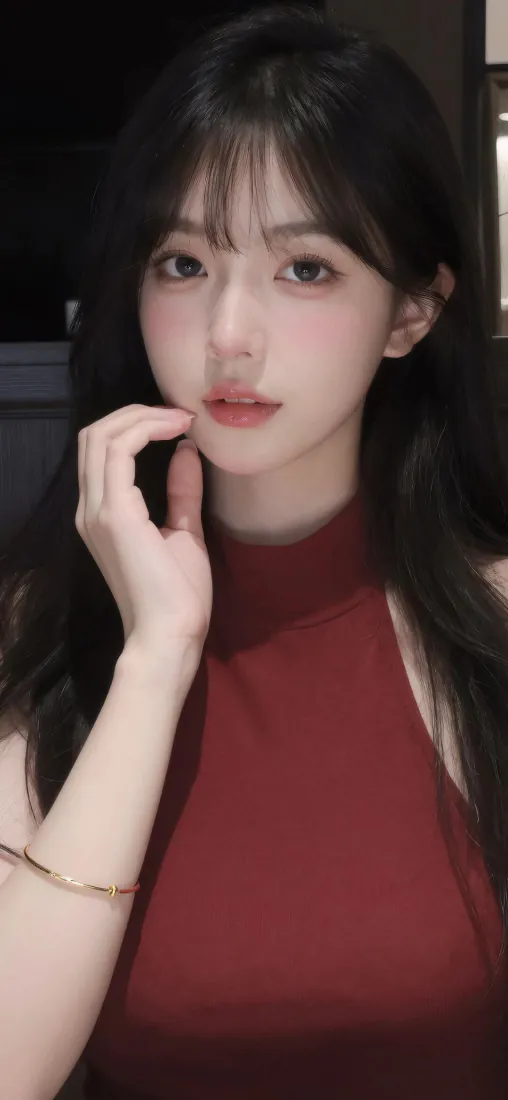 红衣长发美女手机壁纸｜暗调室内背景图片 - 气质自拍「哲风壁纸」