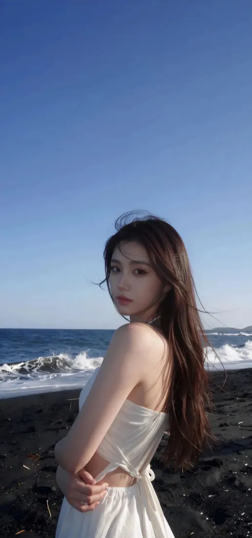 海边白裙美女手机壁纸｜背景图片 - 蓝天海浪黑礁石人像「哲风壁纸」