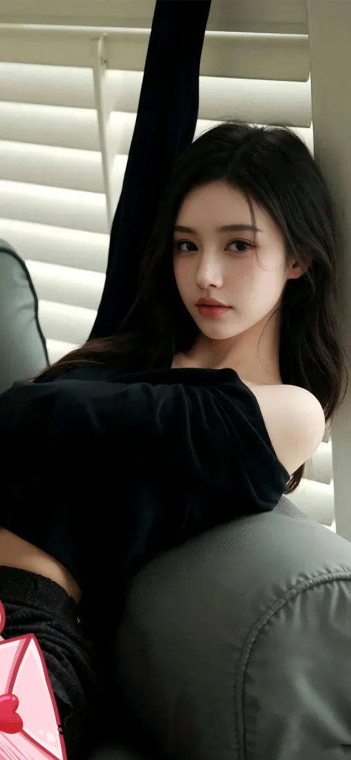 黑衣长发美女手机壁纸｜居家沙发背景图片 - 纯欲风清冷感女生写真「哲风壁纸」
