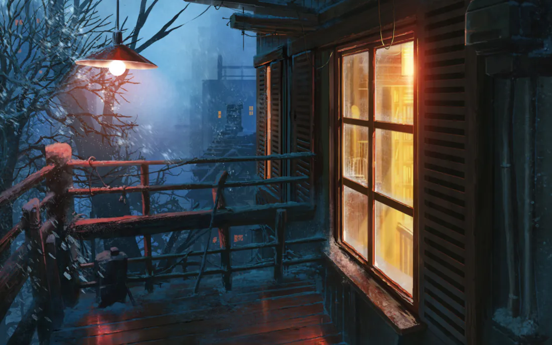 4k冬夜暖窗小屋壁纸｜背景图片 - 雪天阳台街灯治愈风景「哲风壁纸」