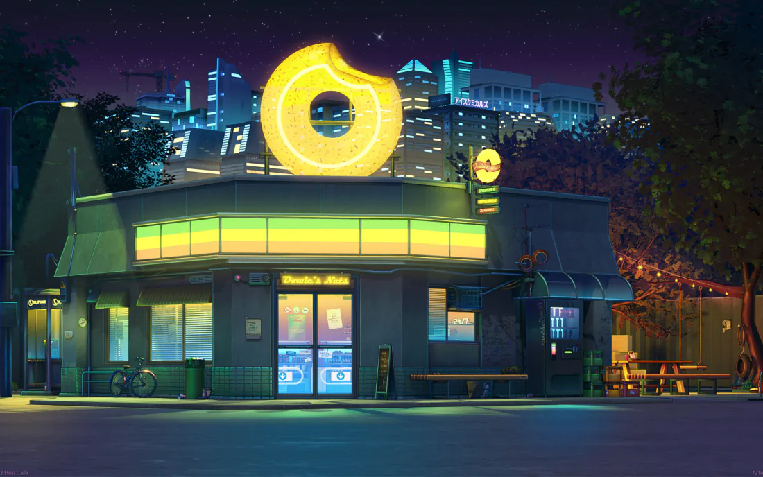 4k甜甜圈店铺夜景｜背景图片 - 二次元城市街景「哲风壁纸」