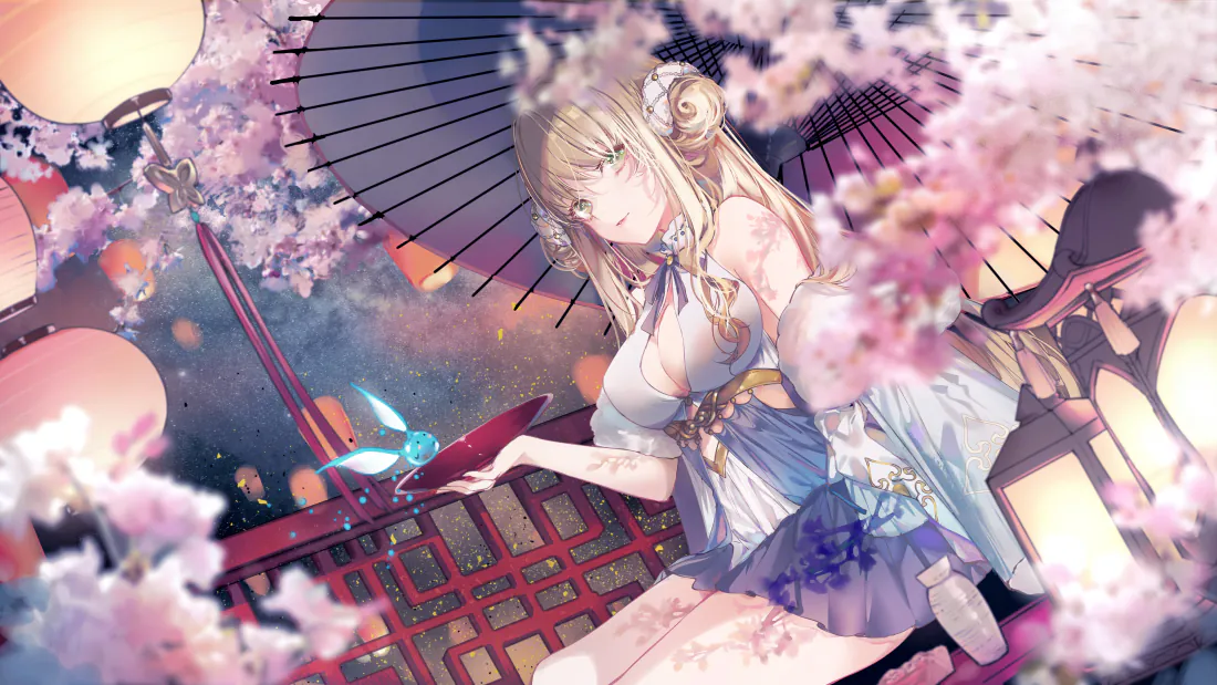 6k古风二次元少女壁纸｜樱花亭台背景图片 - 梦幻夜景「哲风壁纸」