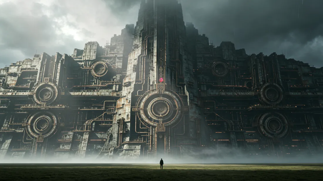3k巨型机械要塞｜科幻废土背景图片 - 孤独人影迷雾场景「哲风壁纸」