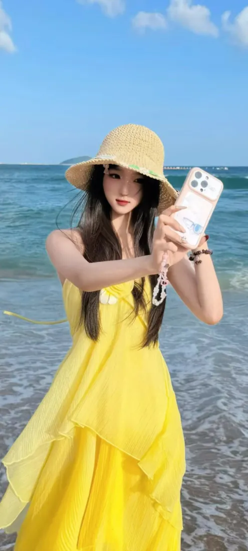 黄裙美女手机壁纸｜海边自拍背景图片 - 草帽度假风「哲风壁纸」
