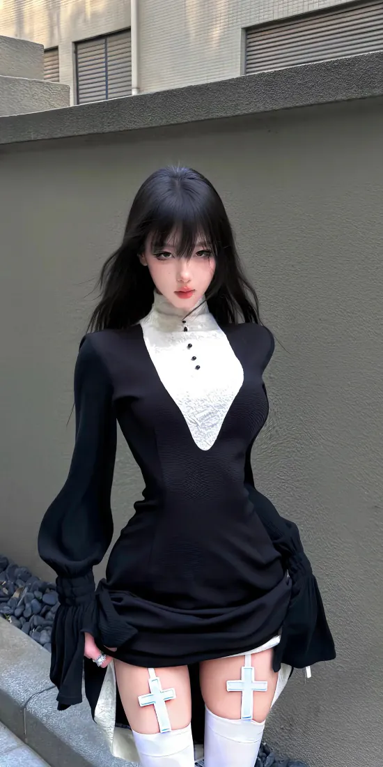 修女cos手机壁纸｜暗黑紧身短裙背景图片 - 白丝十字架甜酷少女「哲风壁纸」