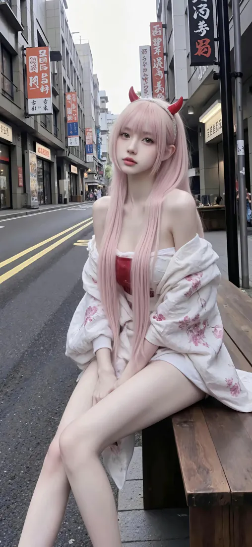 02cosplay手机壁纸｜街头粉发红角美腿背景图片「哲风壁纸」
