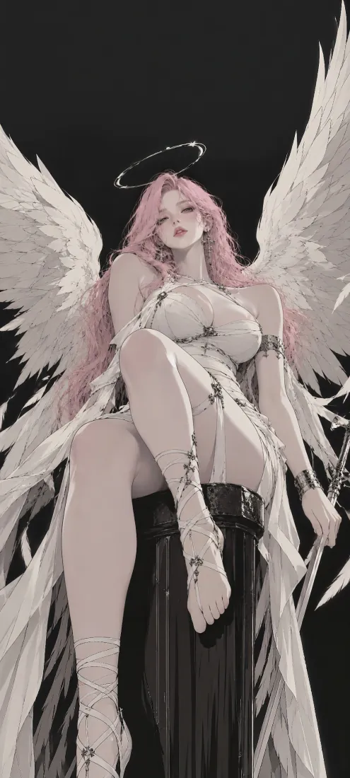 粉发天使少女｜暗黑背景图片 - 白色羽翼光环二次元「哲风壁纸」