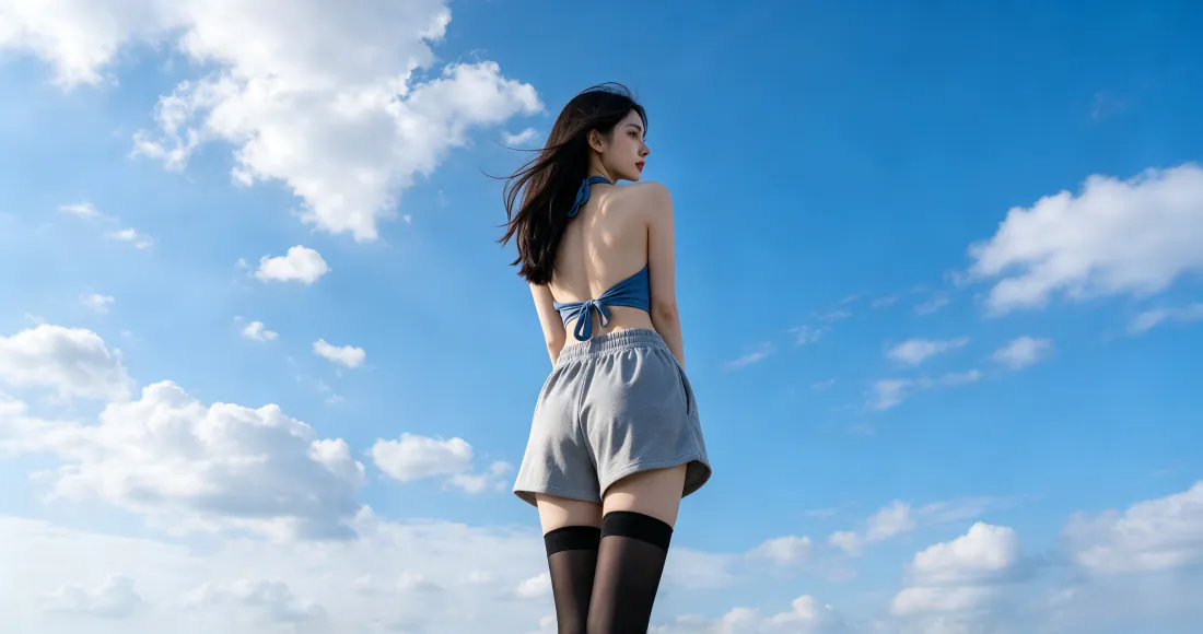 3k长发露背少女壁纸｜蓝天白云背景 - 黑丝美背写真「哲风壁纸」