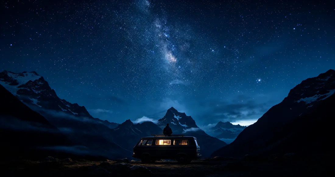 3k星空山谷露营车壁纸｜深蓝夜景背景图片 - 银河雪山孤车氛围「哲风壁纸」