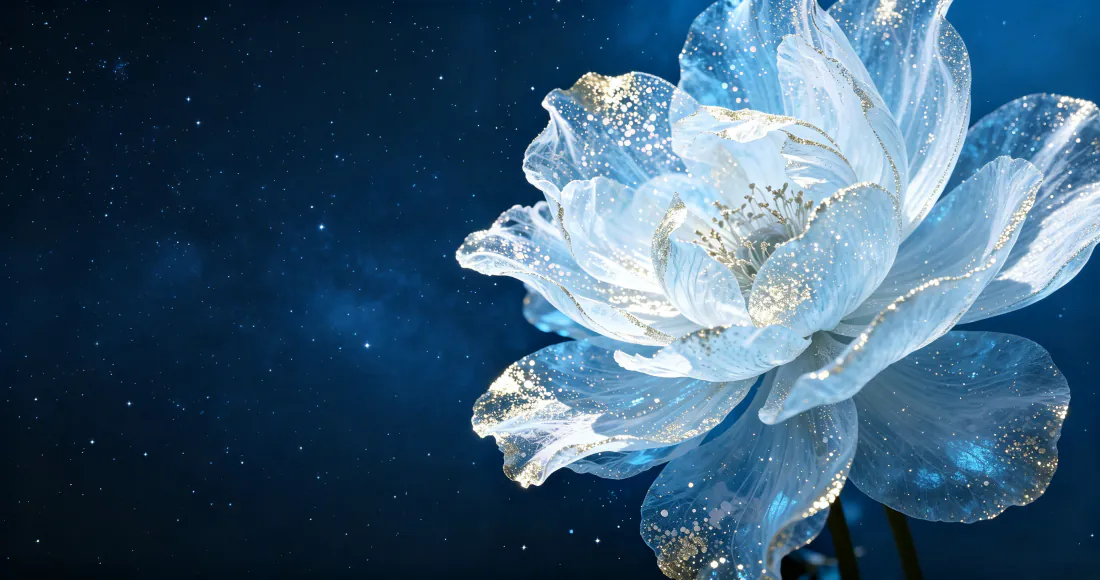3k水晶莲花壁纸｜深蓝背景图片 - 透明花瓣星光质感「哲风壁纸」