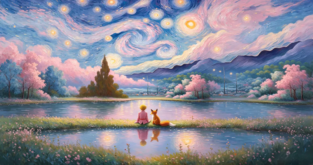 3k小王子与狐狸｜星夜湖畔油画背景 - 治愈系梦幻风景「哲风壁纸」