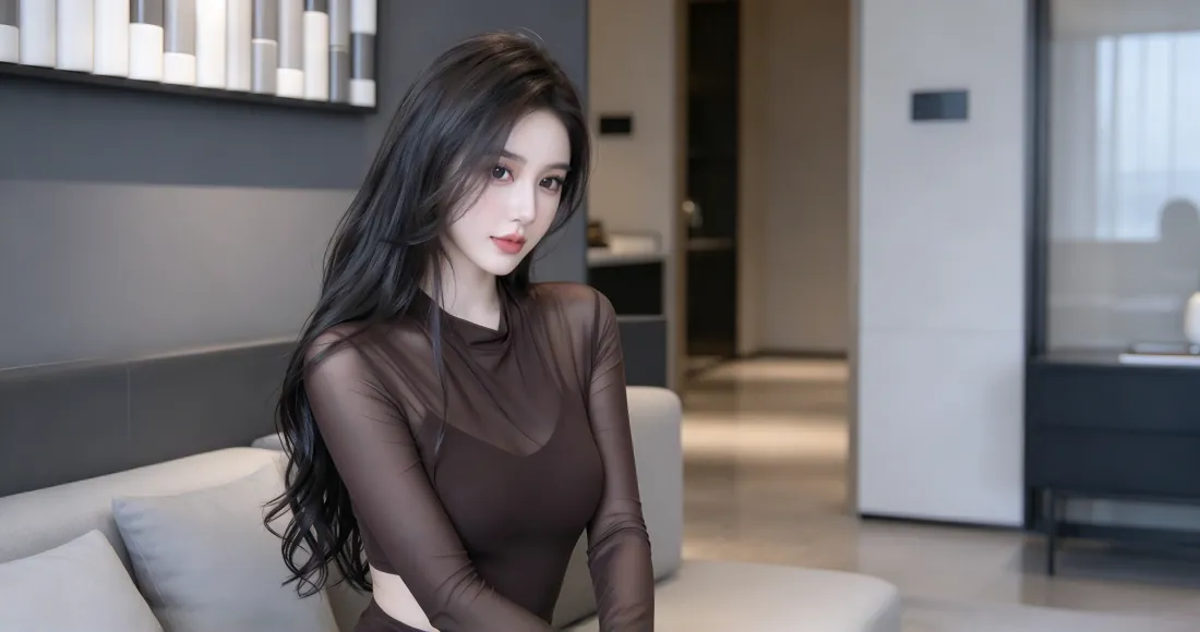 3k黑长卷发御姐壁纸｜室内背景图片 - 深棕透视纱衣美女「哲风壁纸」
