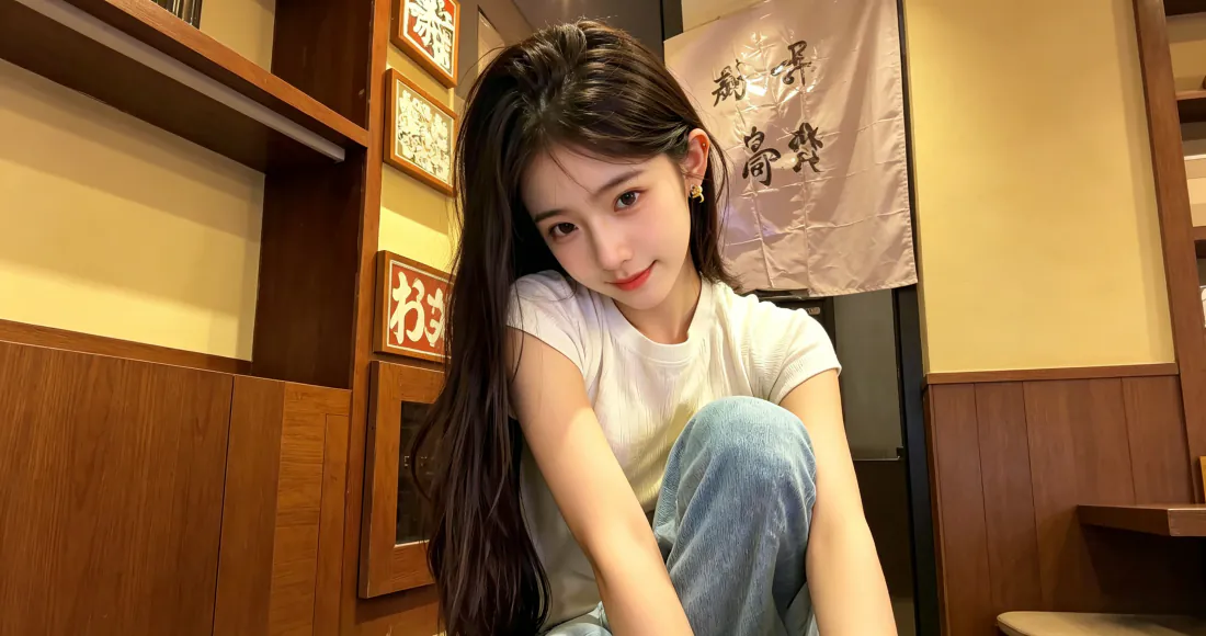3k长发清纯女生壁纸｜白T恤牛仔裤背景图片 - 暖调室内氛围感少女写真「哲风壁纸」