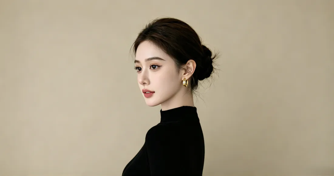 3k优雅侧颜黑毛衣美女壁纸｜高级感背景图片 - 盘发金耳饰「哲风壁纸」