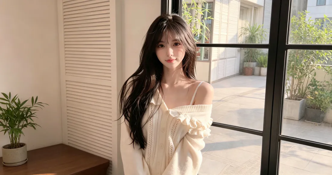 3k纯欲风长发美女｜窗边暖光居家背景图片 - 米白穿搭氛围感少女「哲风壁纸」