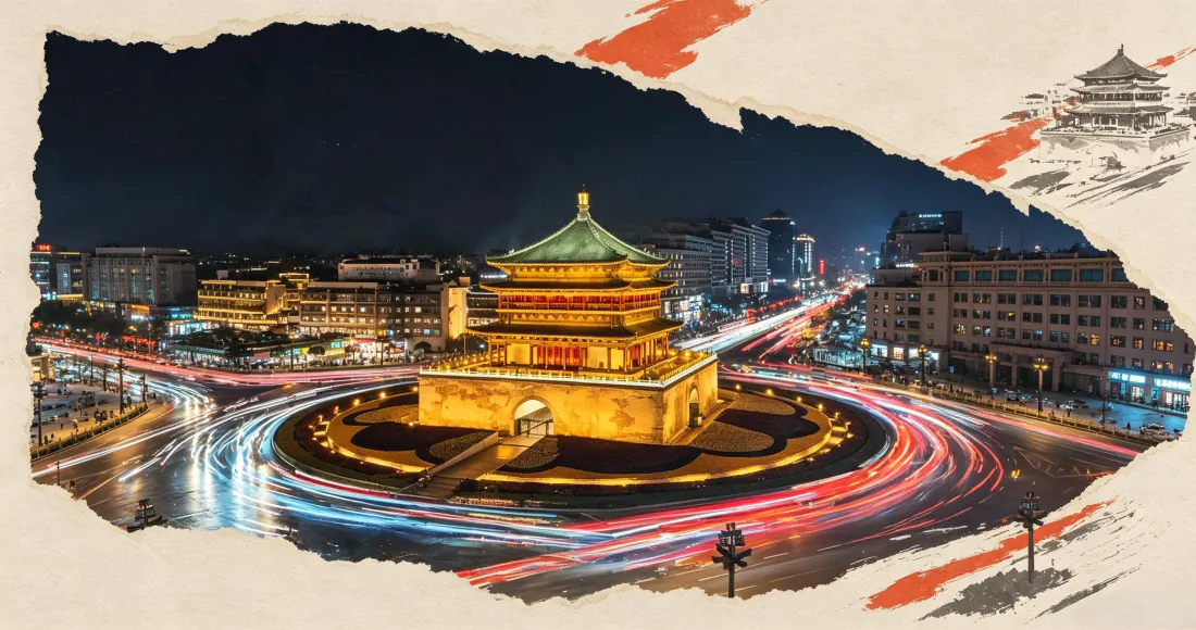 3k西安钟楼｜夜景车流光轨背景图片 - 古城地标环形路口「哲风壁纸」