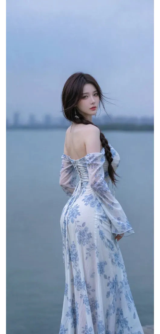 清冷露背长裙美女手机壁纸｜湖边背景图片 - 蓝调氛围感「哲风壁纸」